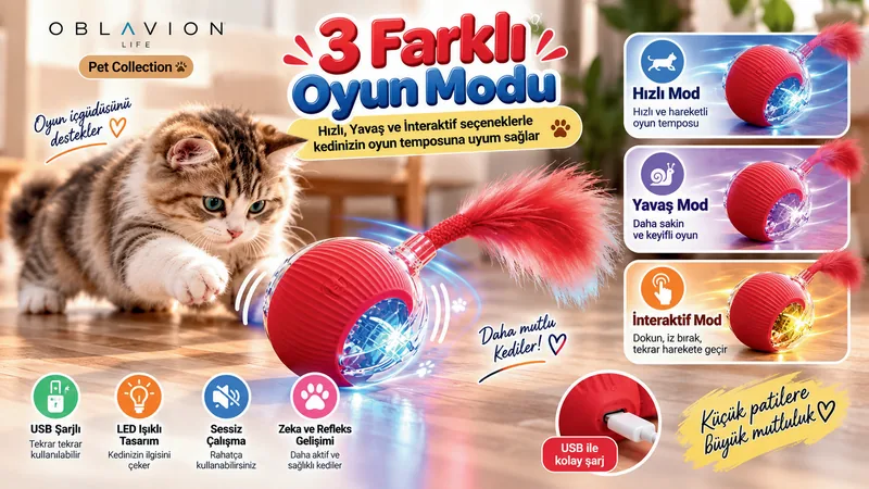 Ahşap zeminde kırmızı, tüy kuyruklu ve LED ışıklı oyun topuna patisini uzatan tekir yavru kedi; üç oyun modunu ve özellik ikonlarını anlatan tanıtım görseli